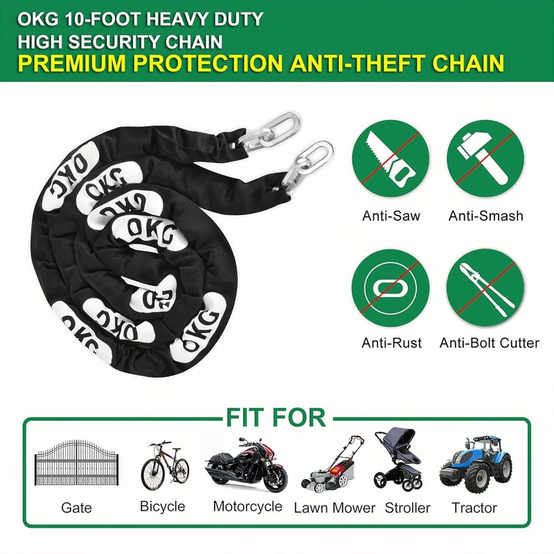 OKG Heavy Duty Security Chain - 10 Foot x 5/16” Thick Square Security Chain - Anti Theft Hardened Steel Chain for Bikes, Motorcycles, 2 Wheeled Vehicles, Industrial Property - Image 3